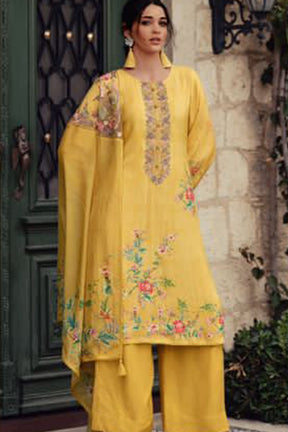 Mustard Color Crepe Embroidered Unstitched Suit Material