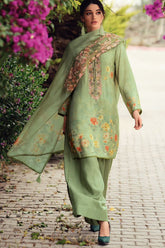 Green Color Crepe Embroidered Unstitched Suit Material