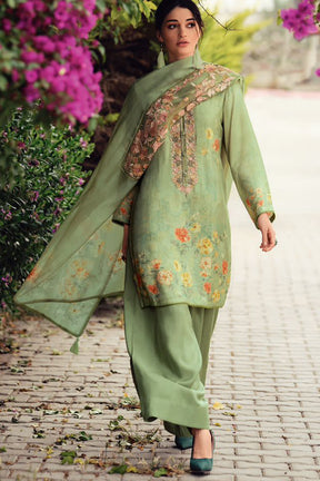 Green Color Crepe Embroidered Unstitched Suit Material