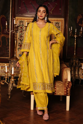 Mustard Color Cotton Embroidered Straight Suit
