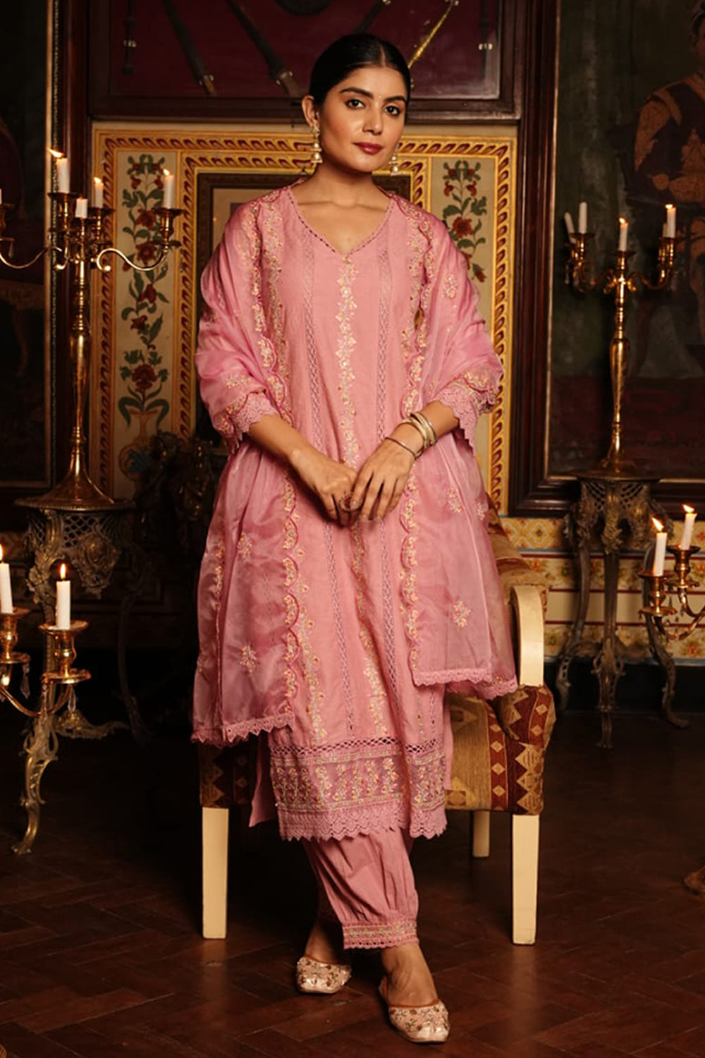 Pink Color Cotton Embroidered Straight Suit