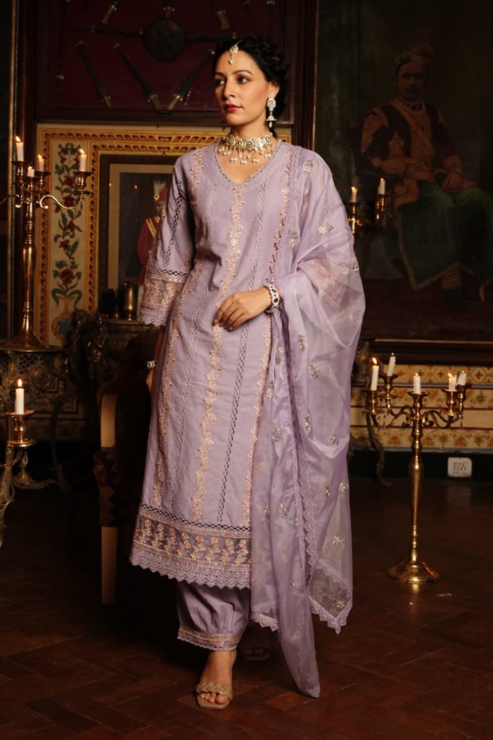 Lavender Color Cotton Embroidered Straight Suit