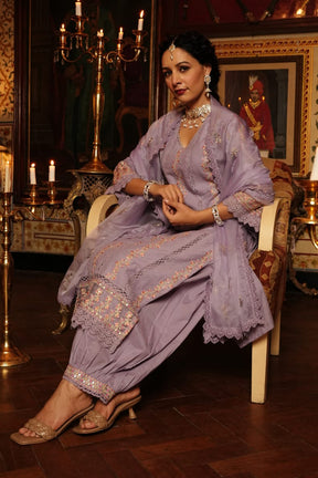 Lavender Color Cotton Embroidered Straight Suit