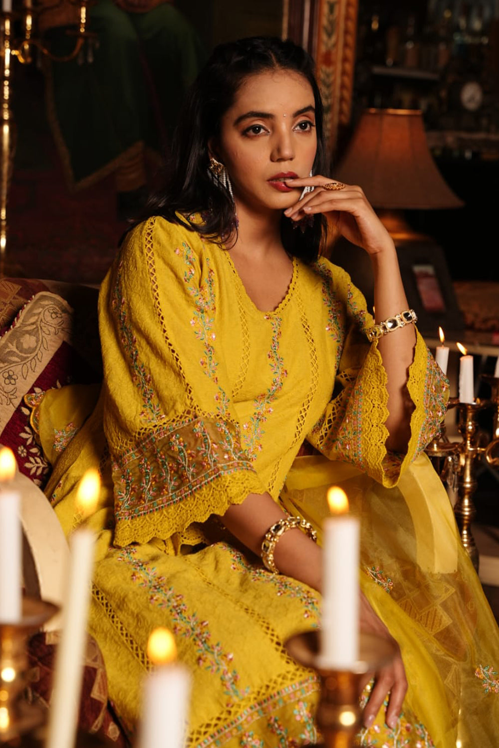 Mustard Color Cotton Embroidered Straight Suit