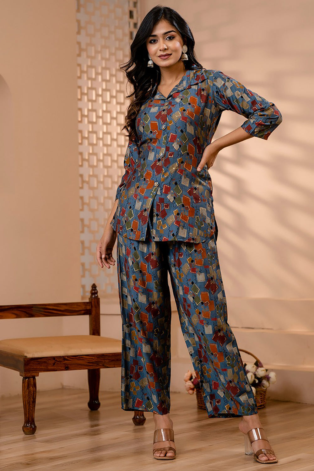 Dusty Blue Color Muslin Printed Co-Ord Dress