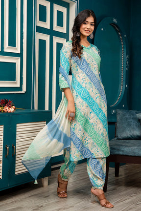 Blue & Turquoise Color Muslin Printed Straight Suit