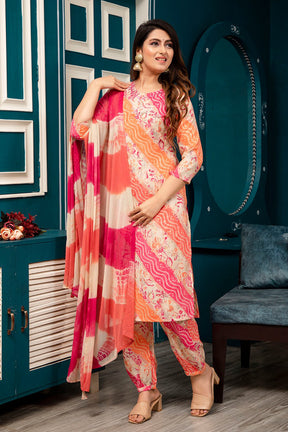 Fuchsia Pink & Orange Color Muslin Printed Straight Suit
