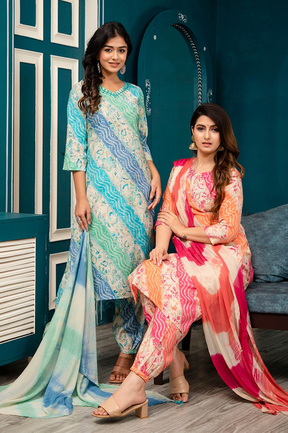 Blue & Turquoise Color Muslin Printed Straight Suit