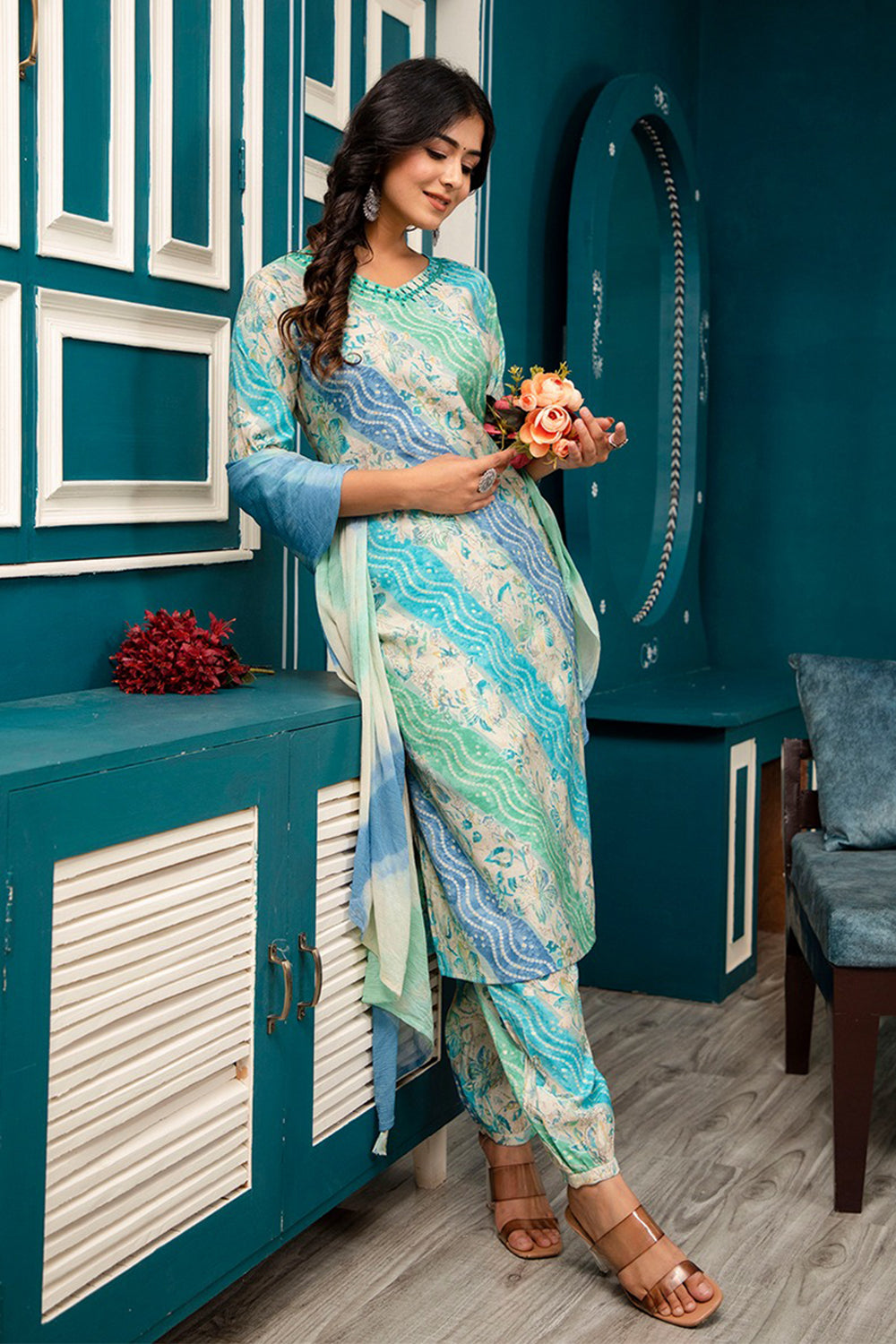 Blue & Turquoise Color Muslin Printed Straight Suit