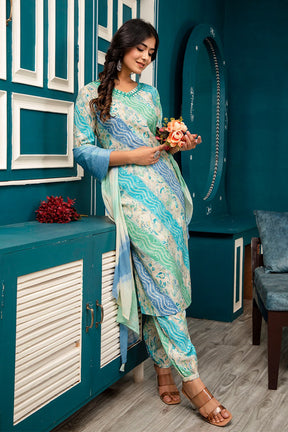 Blue & Turquoise Color Muslin Printed Straight Suit