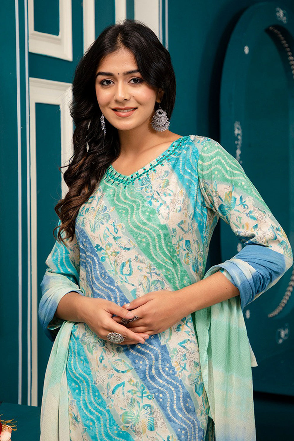 Blue & Turquoise Color Muslin Printed Straight Suit
