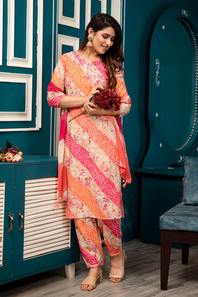Fuchsia Pink & Orange Color Muslin Printed Straight Suit