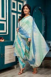 Blue & Turquoise Color Muslin Printed Straight Suit