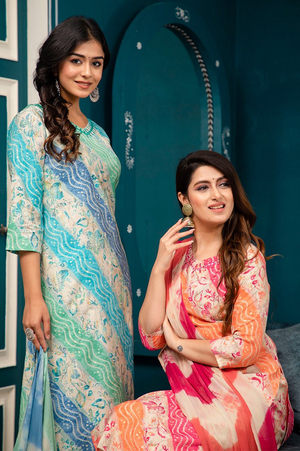 Blue & Turquoise Color Muslin Printed Straight Suit