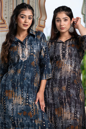 Navy Blue Color Muslin Printed Kurta Set