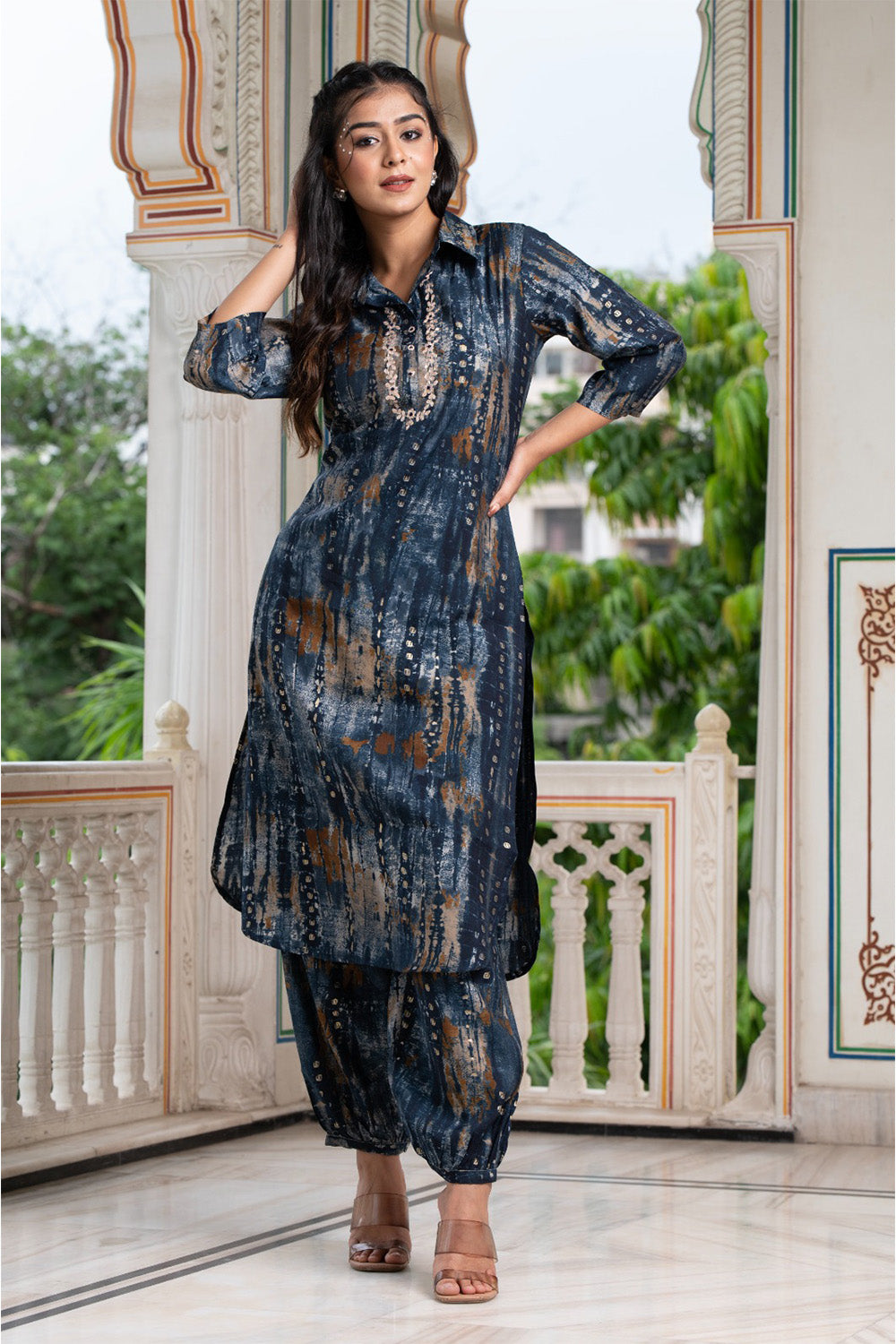 Navy Blue Color Muslin Printed Kurta Set