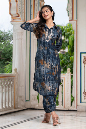 Navy Blue Color Muslin Printed Kurta Set