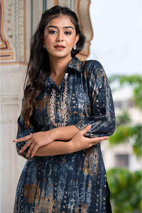 Navy Blue Color Muslin Printed Kurta Set