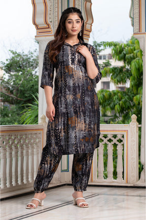 Black Color Muslin Printed Kurta Set
