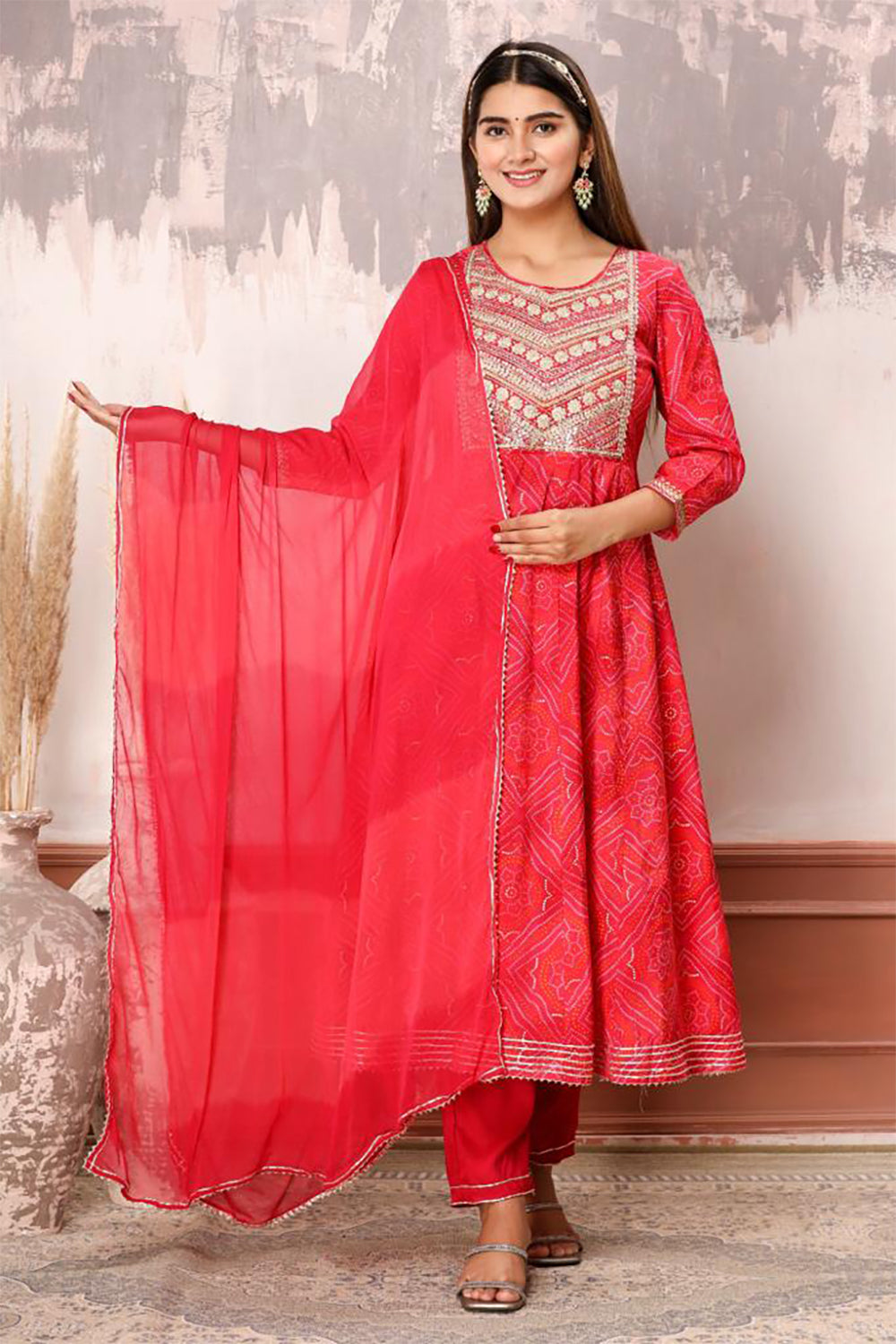 Red Color Cotton Embroidered Straight Suit