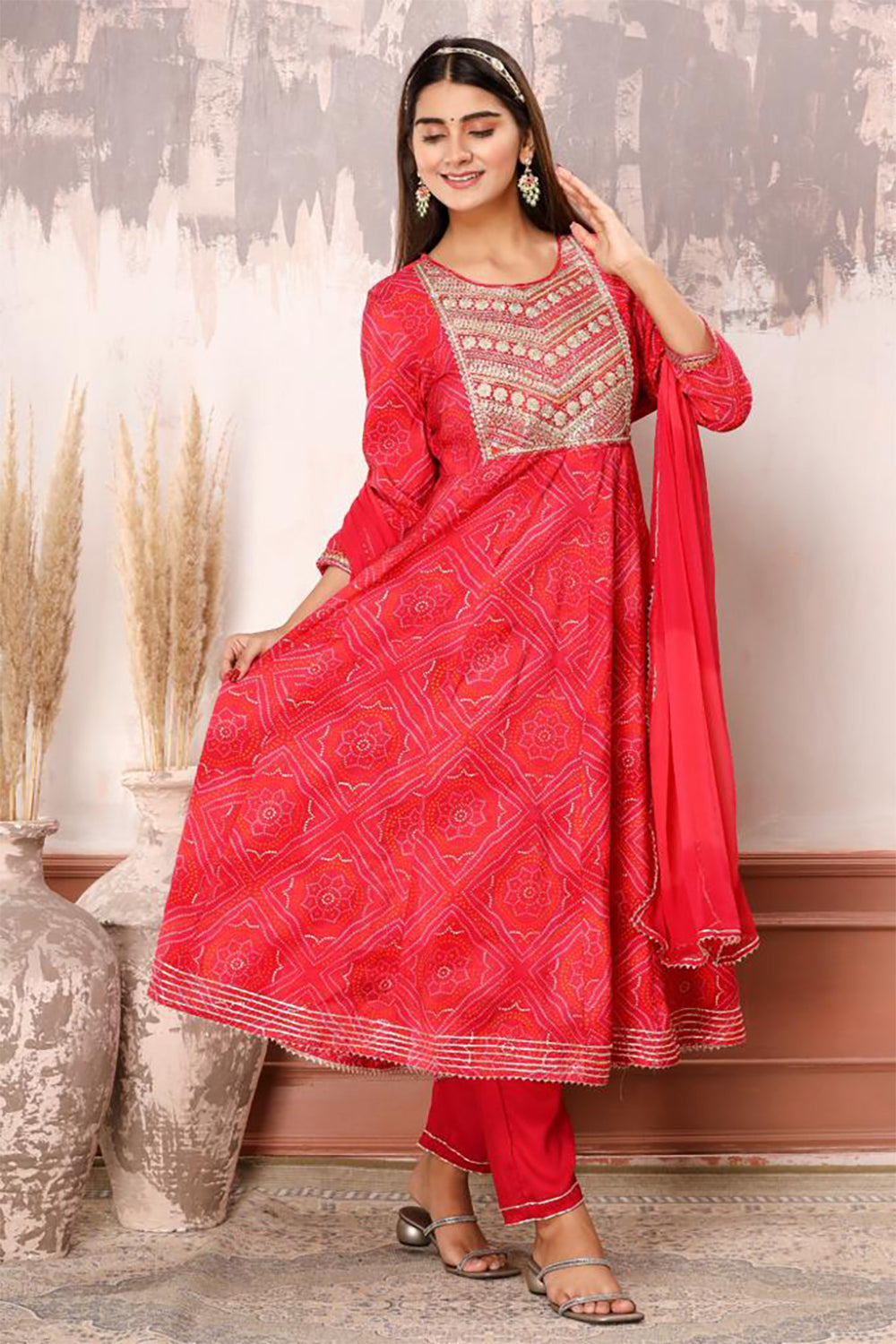 Red Color Cotton Embroidered Straight Suit
