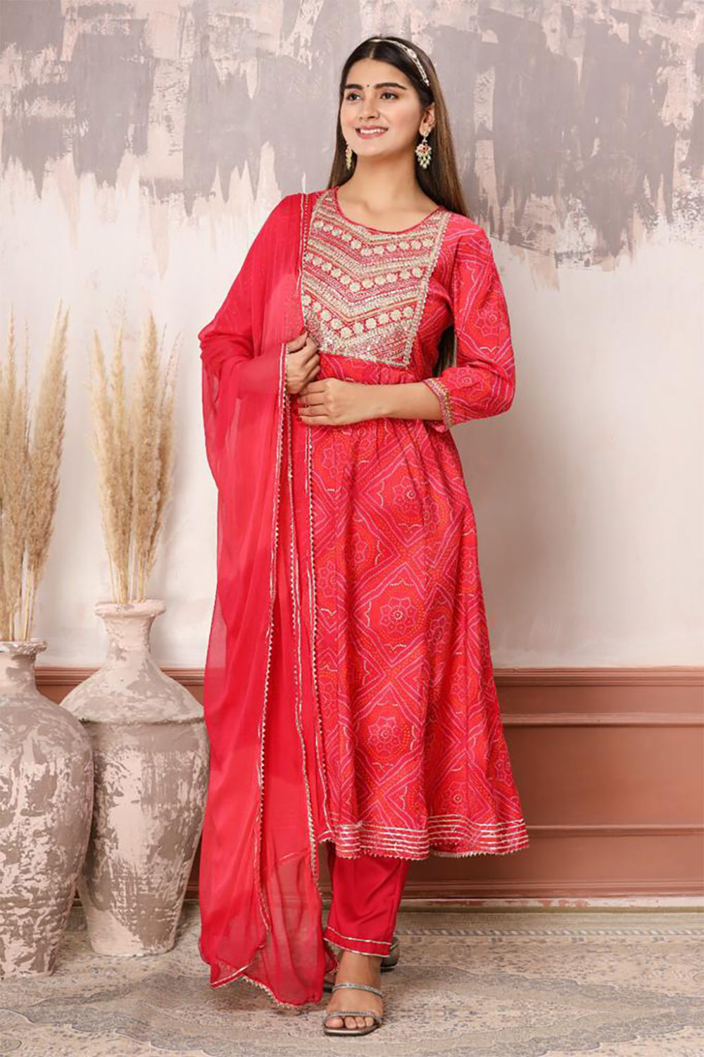 Red Color Cotton Embroidered Straight Suit
