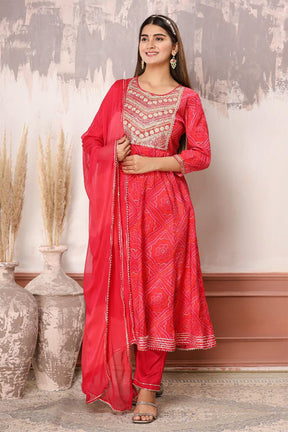 Red Color Cotton Embroidered Straight Suit