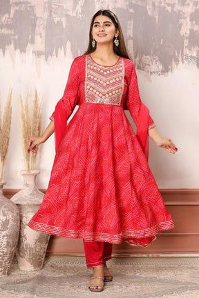 Red Color Cotton Embroidered Straight Suit