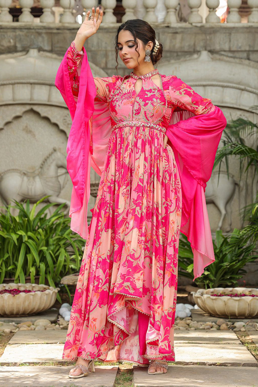 Fuchsia Pink Color Crepe Alia-Cut Printed Straight Suit