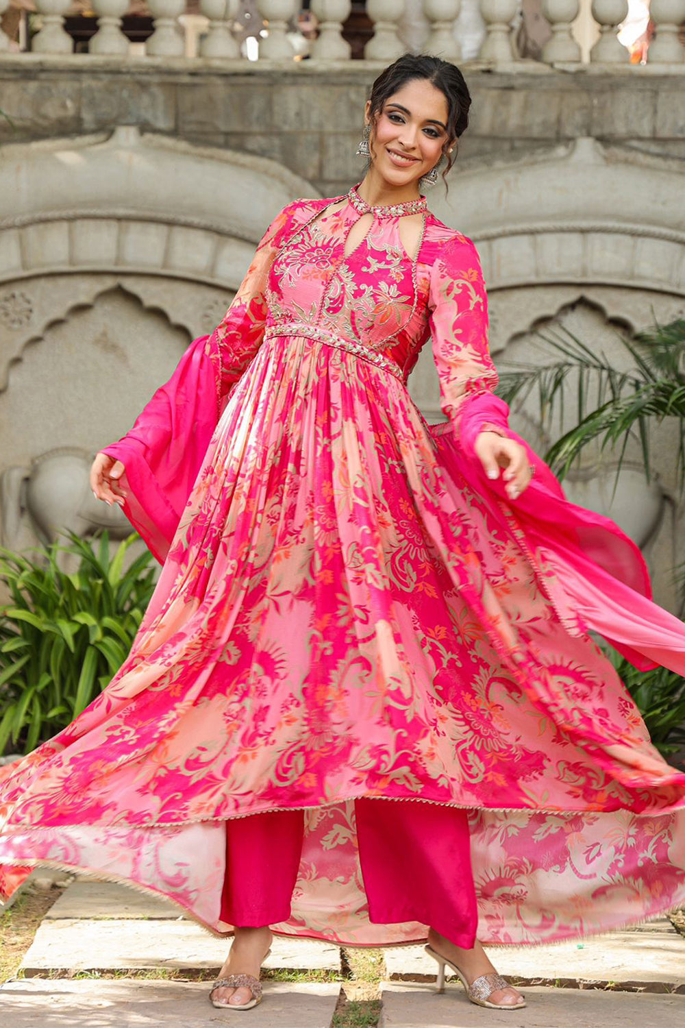 Fuchsia Pink Color Crepe Alia-Cut Printed Straight Suit