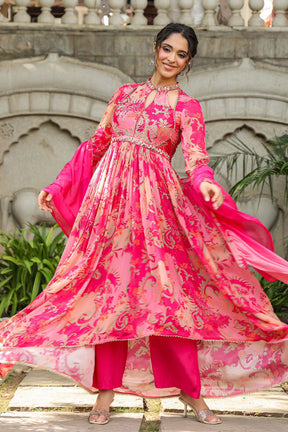 Fuchsia Pink Color Crepe Alia-Cut Printed Straight Suit