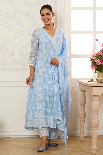 Light Blue Cotton Resham Embroidered and Lace Work Anarkali Suit