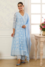 Light Blue Cotton Resham Embroidered and Lace Work Anarkali Suit