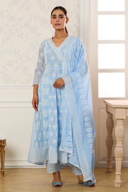 Light Blue Cotton Resham Embroidered and Lace Work Anarkali Suit