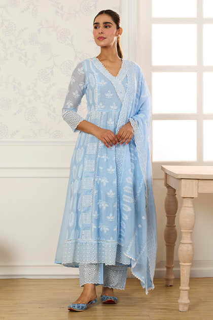Light Blue Cotton Resham Embroidered and Lace Work Anarkali Suit