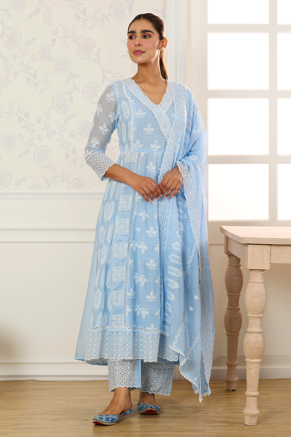 Light Blue Cotton Resham Embroidered and Lace Work Anarkali Suit