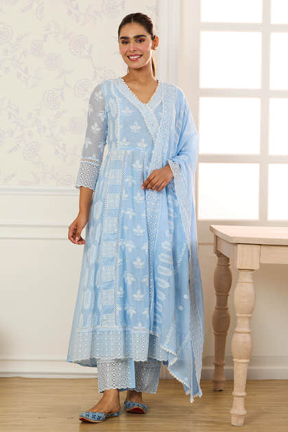 Light Blue Cotton Resham Embroidered and Lace Work Anarkali Suit