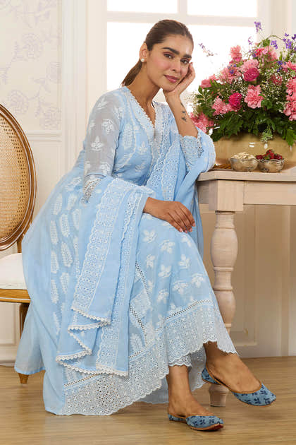 Light Blue Cotton Resham Embroidered and Lace Work Anarkali Suit