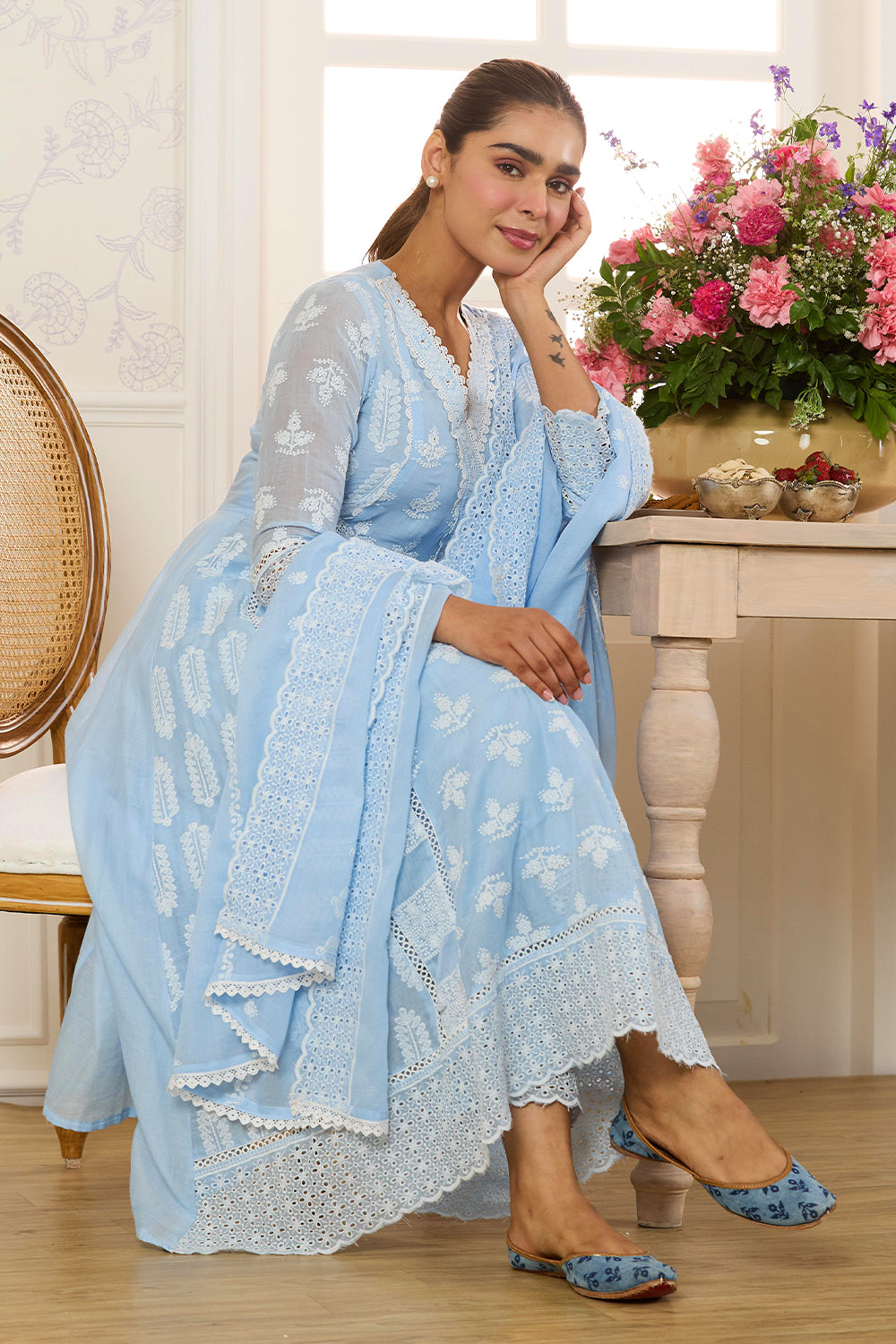 Light Blue Cotton Resham Embroidered and Lace Work Anarkali Suit