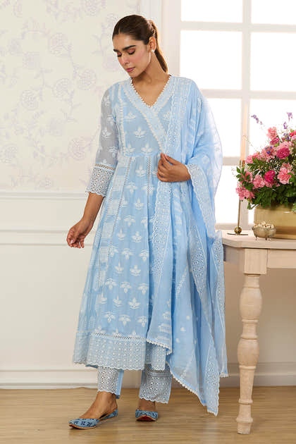 Light Blue Cotton Resham Embroidered and Lace Work Anarkali Suit