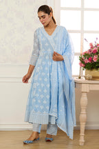 Light Blue Cotton Resham Embroidered and Lace Work Anarkali Suit