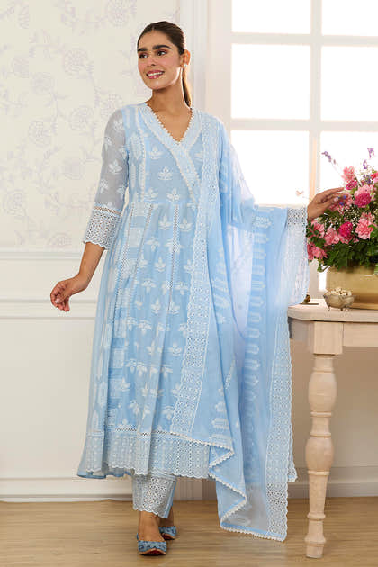 Light Blue Cotton Resham Embroidered and Lace Work Anarkali Suit