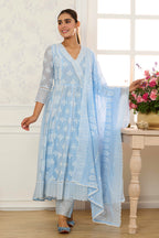 Light Blue Cotton Resham Embroidered and Lace Work Anarkali Suit