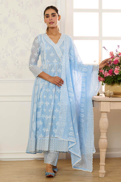 Light Blue Cotton Resham Embroidered and Lace Work Anarkali Suit