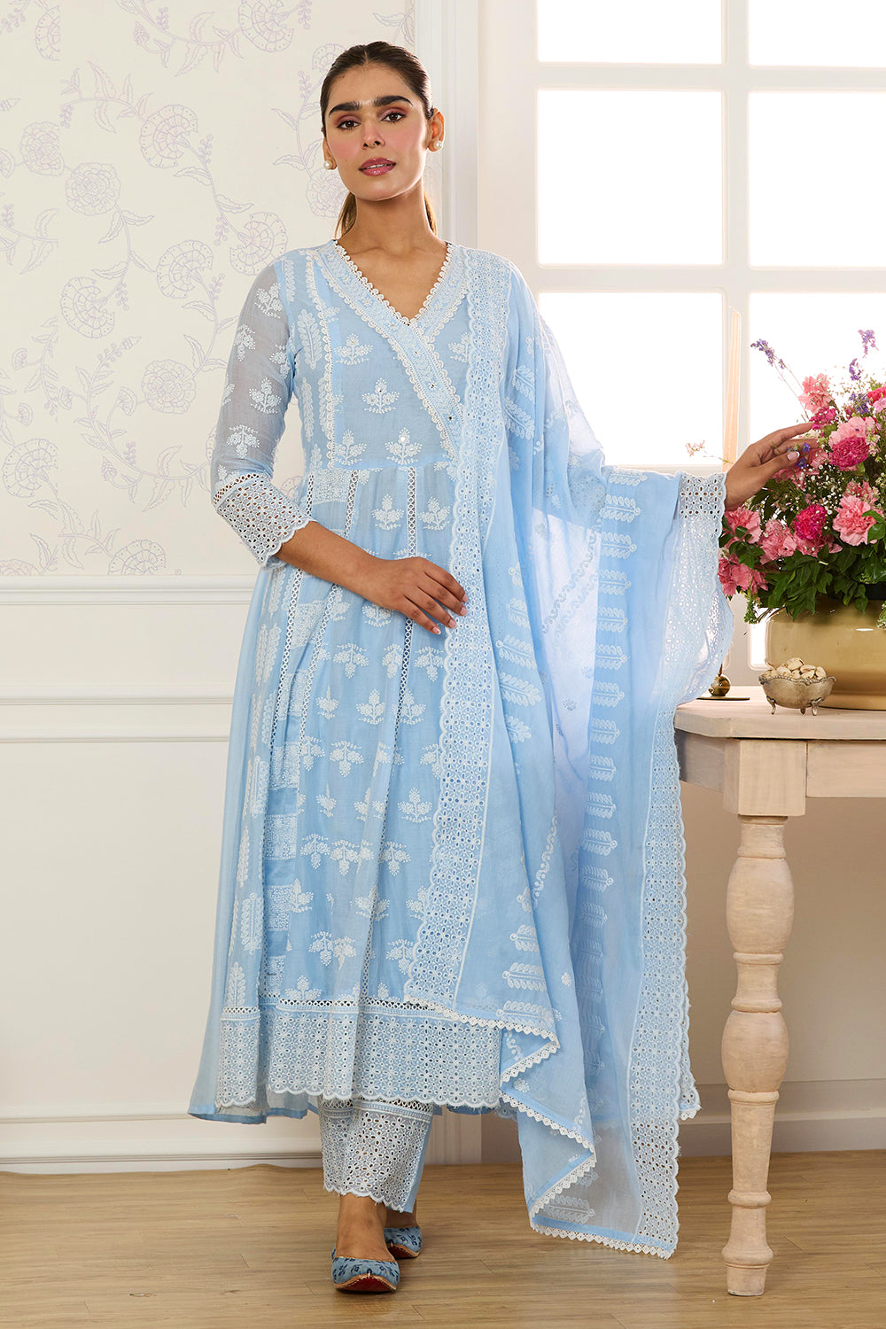 Light Blue Cotton Resham Embroidered and Lace Work Anarkali Suit