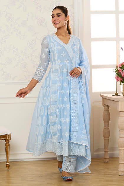 Light Blue Cotton Resham Embroidered and Lace Work Anarkali Suit