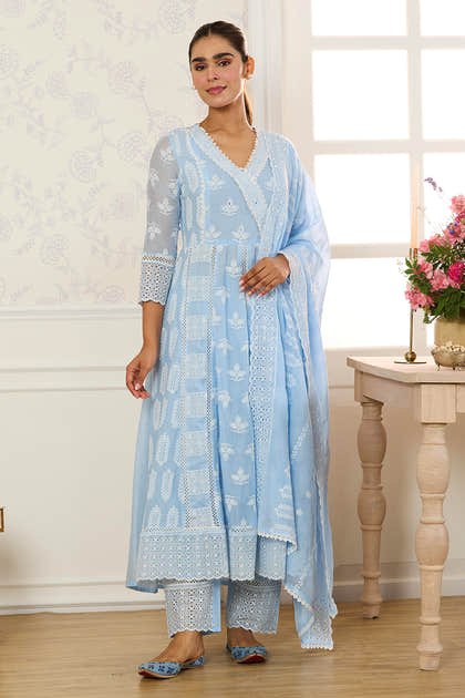 Light Blue Cotton Resham Embroidered and Lace Work Anarkali Suit
