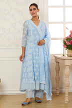 Light Blue Cotton Resham Embroidered and Lace Work Anarkali Suit
