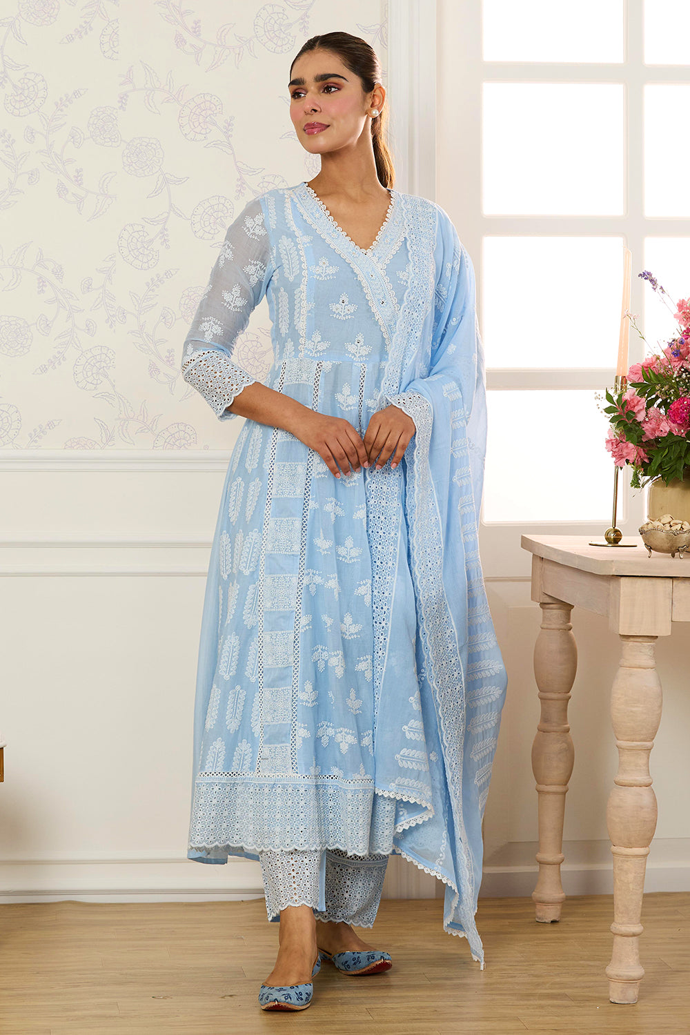 Light Blue Cotton Resham Embroidered and Lace Work Anarkali Suit