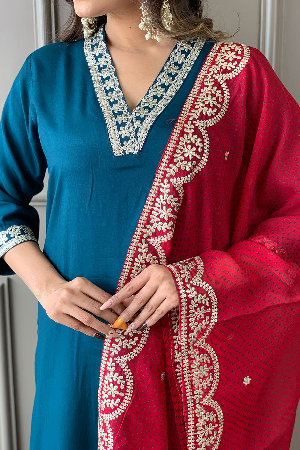Navy Color Muslin Suit With Contrast Dupatta
